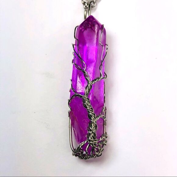 Wire Wrapped Quartz Crystal Necklace Tree of Life, Lavender - Picture 8 of 15